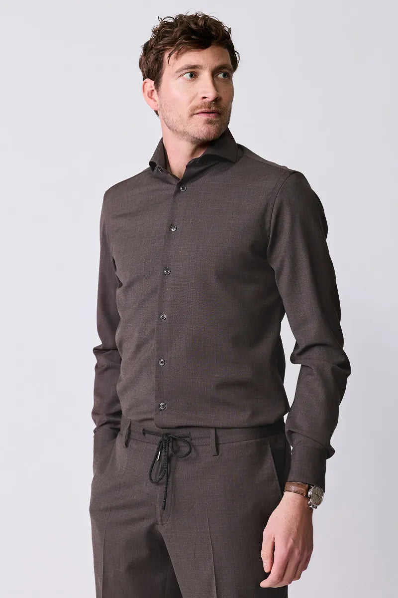 John Mille John Miller Dress Shirt Wool Blend Stretch – donkerbruin