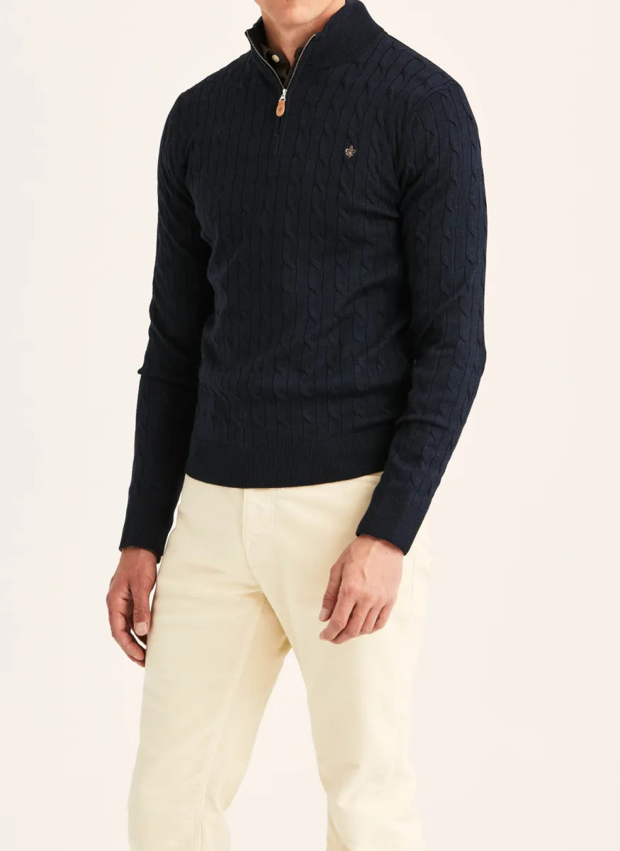 Morris Stock Morris Stockholm Merino Cable John Zip trui – navy blauw