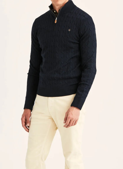 Morris Stock Morris Stockholm Merino Cable John Zip trui – navy blauw