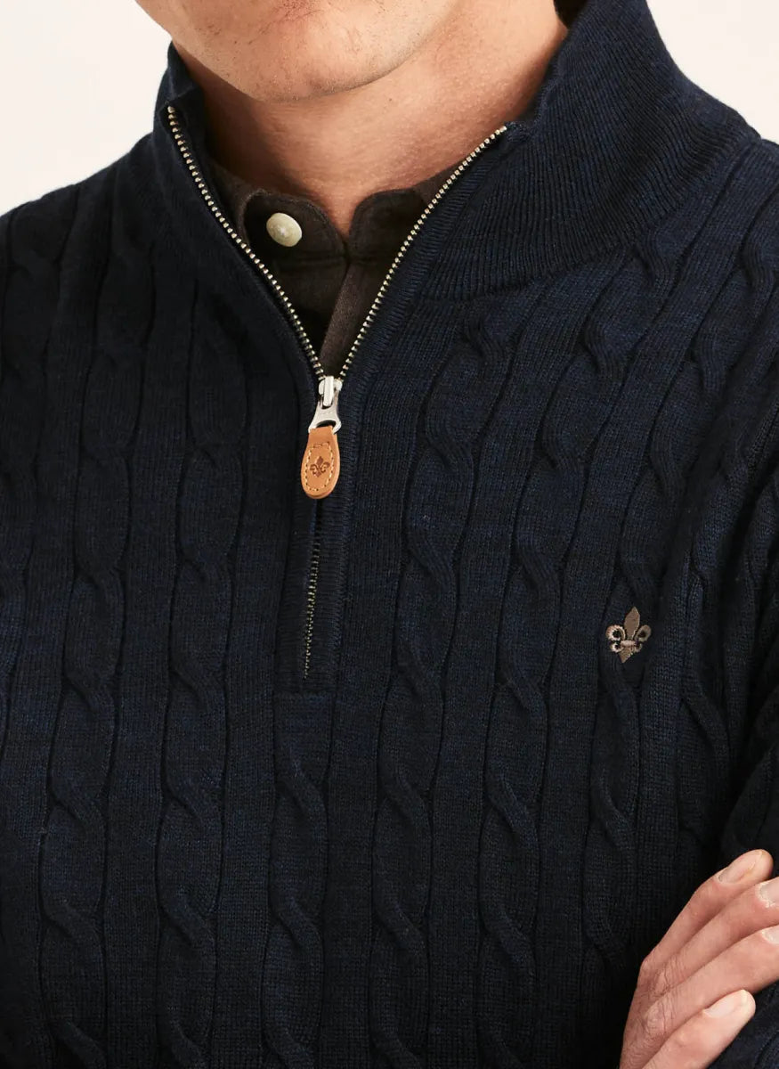 Morris Stock Morris Stockholm Merino Cable John Zip trui – navy blauw