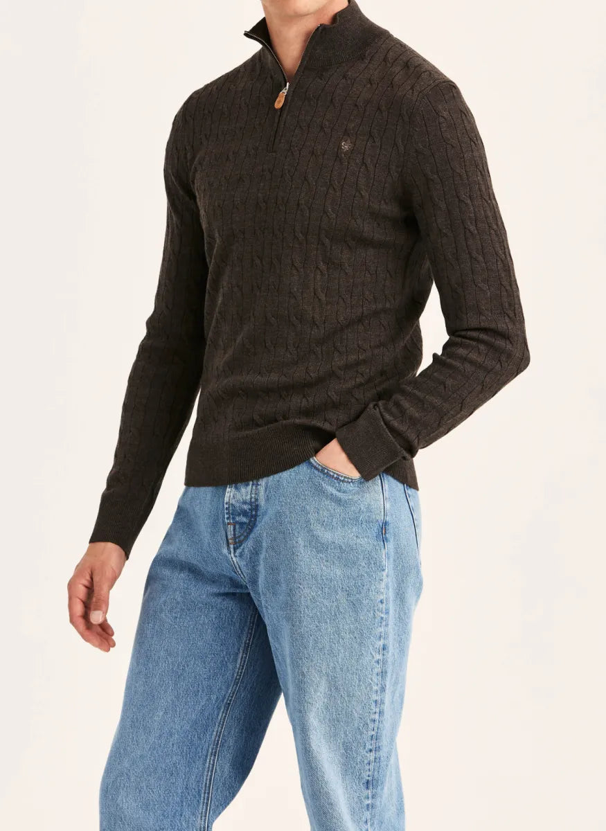 Morris Stock Morris Stockholm Merino Cable John Zip trui – bruin